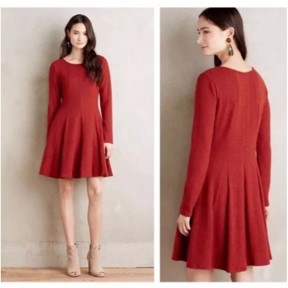 Anthropologie Dolan Piper Pleated Red Burnt Orange Fit & Flare Dress Size XL